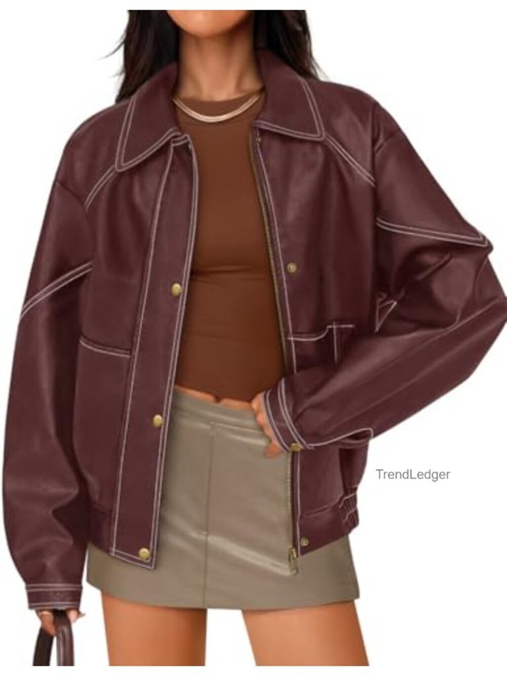Faux Leather Moto Jacket Oversized Zipper Long Sleeve Women's